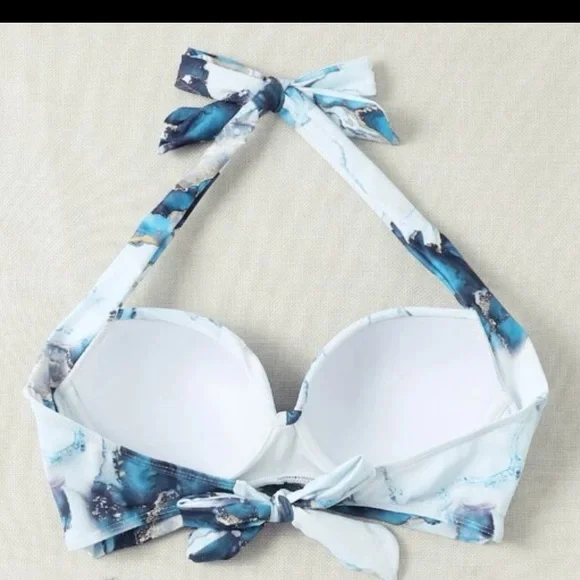 Boho Blue White Tie Dye Marble Print High Waisted Twisted Halter Bikini Set - Picture 5 of 12